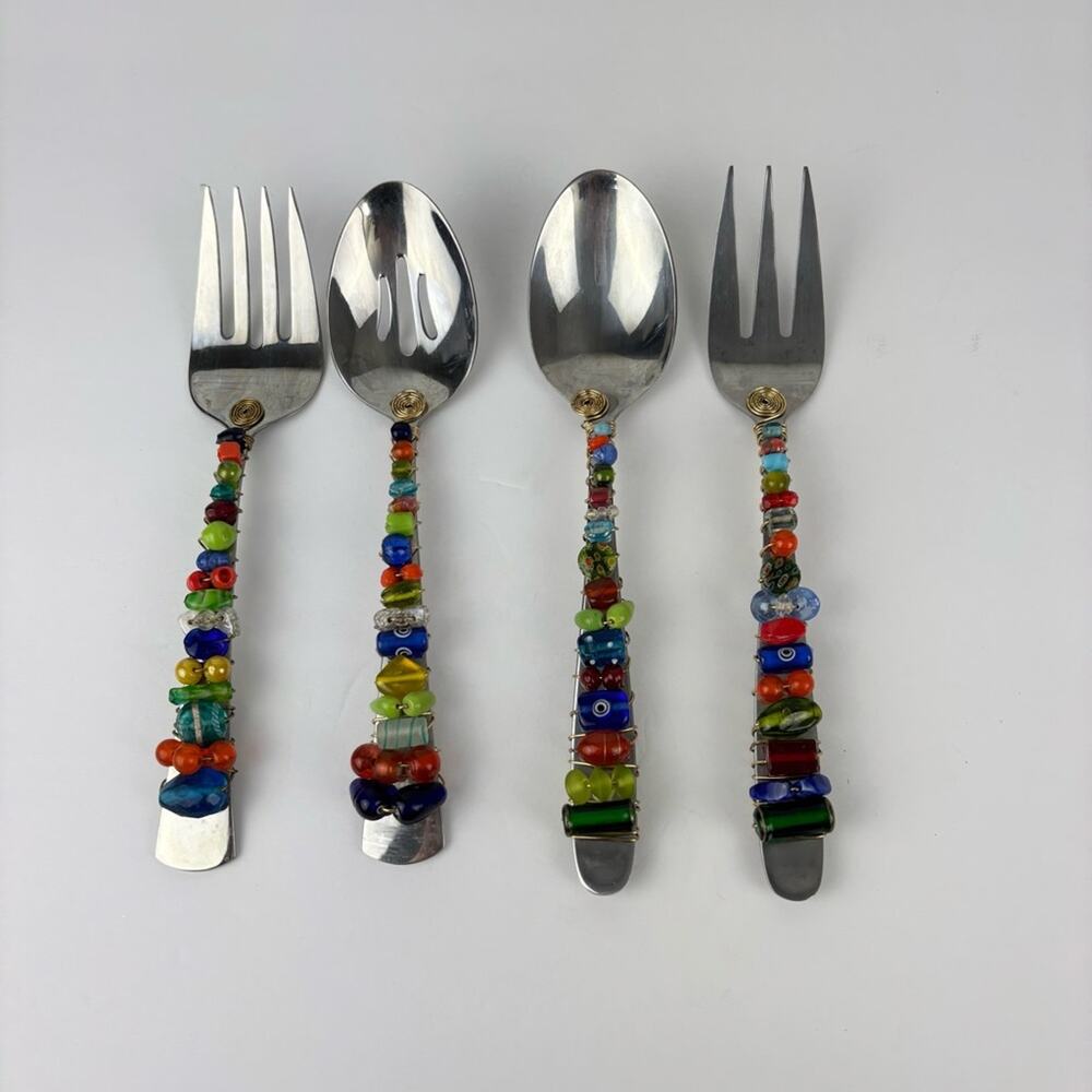 Vintage 90’s Y2K 4 Piece Serving Spoons & Forks Wired Glass Beads